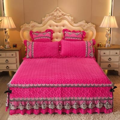 Romantische luxe fluwelen gewatteerde sprei, dikker fijn flanel borduurwerk kant, bedrok, kingsize bedovertrek, exclusief kussensloop Only 2pcs Pillowcase rozerode kleur