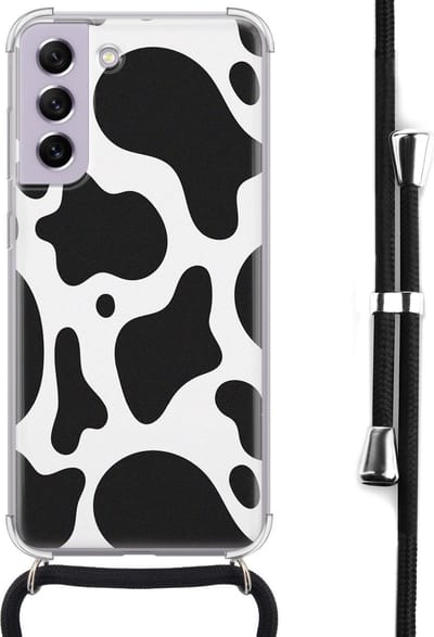Hoesje met koord - Geschikt voor Samsung Galaxy S21 FE - Koeienprint - Verstelbaar zwart koord - Crossbody - Print / Illustratie - Zwart, Transparant, Wit - Leuke Telefoonhoesjes
