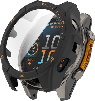 Watch case screenprotector - hoesje - gehard glas - geschikt voor Garmin Fenix 8 (43 mm) - zwart-oranje