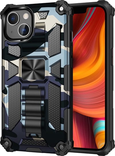 Geschikt voor iPhone 13 Pro hoesje rugged extreme backcover met ring houder Camouflage - Marine Blauw