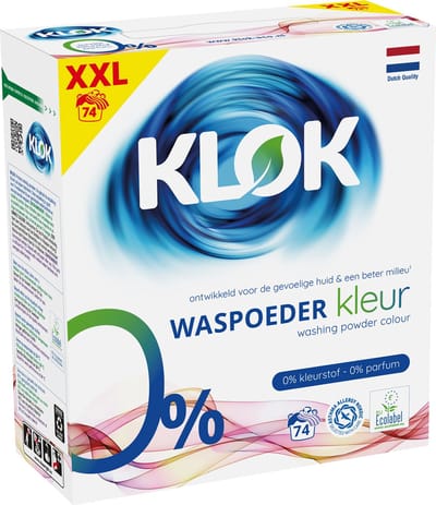 Klok Waspoeder Kleur - XXL verpakking 4,81 kg - 74 Wasbeurten - Huidvriendelijk & Ecologisch