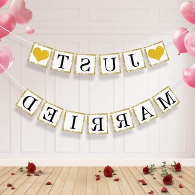 Romantische Decoraties voor Bruiloften, Papieren Hangende Banner, Just Married Feestbenodigdheden, Bruidsshowers, Jubileum, Bruiloftsthema Decoraties in Zwart en Goud
