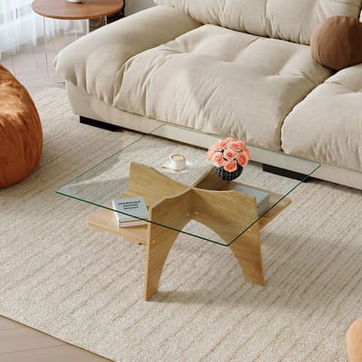 DESMIU Salontafel - Minimalistisch Vierkant Veiligheidsglas Met Houten MDF Frame - Woonkamer En Balkon - Transparant En Houtkleurig - 80 Cm