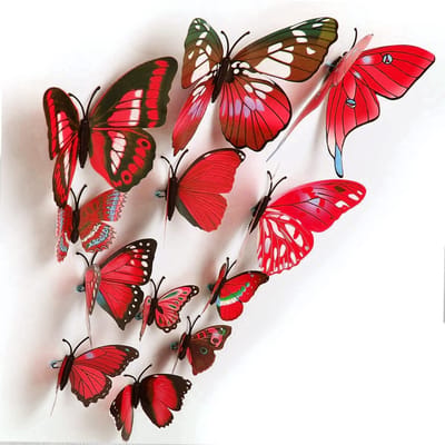 12x Vlinders 3D - Muurvlinders - Vlinder decoratie voor aan muur - Vlinderstickers - Muurstickers - Butterfly wall sticker - Vlinders in kamer - 3D stickers - Rood/zwart - Jonyx