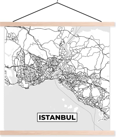 Posterhanger incl. Poster 40x40 cm - Schoolplaat - Kaart - Istanbul - Zwart Wit - Plattegrond - Stadskaart - Textielposter - Blanke latten - Stadskaart