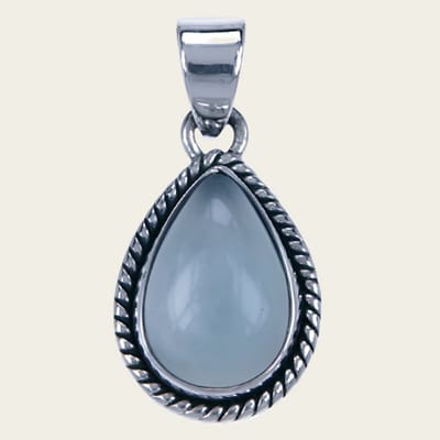 Zilveren Chalcedoon aqua edelsteen druppel met parelrand kettinghanger