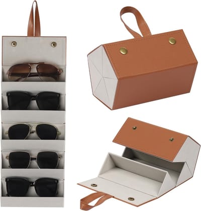 Zonnebrillen opberg box - 17×12×12cm - Geschikt voor 5 brillen - Brillen Doos - Brillenkoker - Opvouwbare - Brillen opbergdoos - Draagbare reisbril-organizer - Brillenhoes - PU lederen - Zonnebril koker - Unisex - Voor Brillen En Sieraden - Bruin