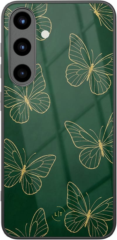 Hoesje geschikt voor Samsung Galaxy S25 - Emerald butterflies - Luxe Glazen Hardcase - Print / Illustratie - Groen, Goud