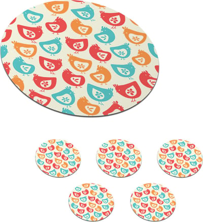 Onderzetters voor glazen - Rond - Kip - Patroon - Bloemen - 10x10 cm - Glasonderzetters - 6 stuks