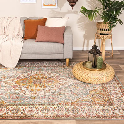 Fraai Vintage vloerkleed - Thirza Medaillon Lichtblauw/Multicolor - 80x150cm