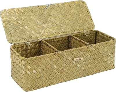 Opslagmand met deksel van zeegras, 32.5 x 12 x 11 cm, rechthoekig met 3 compartimenten voor slaapkamer en badkamer, stijlvolle opbergoplossing