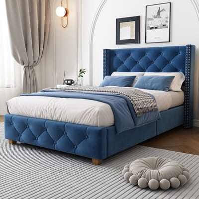 DESMIU Gestoffeerd Bed 90 Cm X 200 Cm - Bed Met Lattenbodem En Hoofdbord - Knopenbekleding En Klinknagels - Slaapkamer - Fluweel - Blauw - Zonder Matras