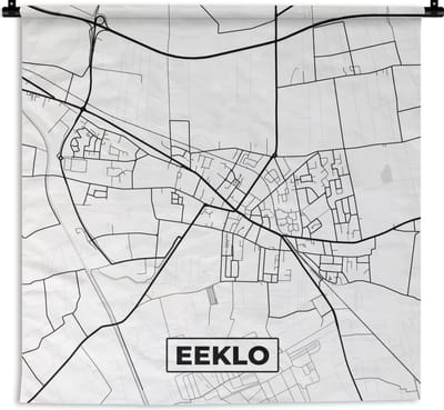 Wandkleed - Wanddoek - België – Eeklo – Stadskaart – Kaart – Zwart Wit – Plattegrond - 180x180 cm - Wandtapijt