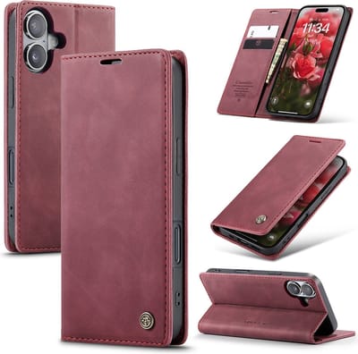 CaseMe – Telefoonhoesje geschikt voor Apple iPhone 16 – Wallet Book Case – Magnetische Sluiting – PU Leer – Bordeaux Rood