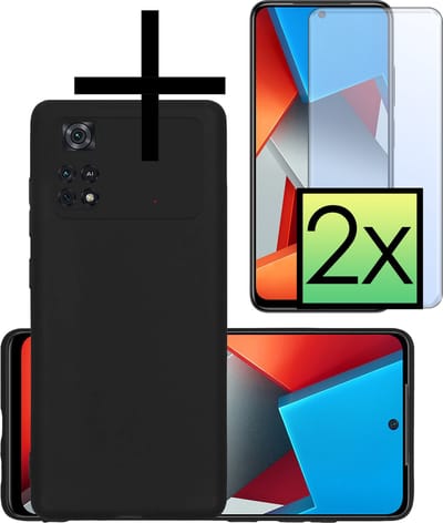 Hoesje - Met 2x Screenprotector - Geschikt voor Xiaomi Poco X4 Pro 5G - Sterk & Shockproof - Back Cover - Siliconen Case - Telefoon Hoes - Zwart