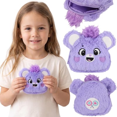 Care Bears Paars, portemonneetje voor meisjes, portemonnee voor geld, pluche portemonnee met ritssluiting 10x10x3 cm