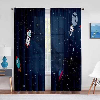 Cartoon Buitenruimte Raket Planeet Tule Transparante Raamgordijnen voor Woonkamer Jongens Kinderkamer Tule Voile Gordijn Drapes Decor 1 PCS W100XH250cm&Grommet Top