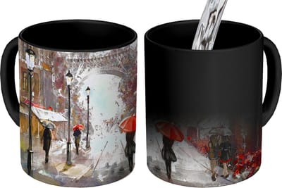 Magische Mok - Foto op Warmte Mokken - Koffiemok - Schilderij - Parijs - Eiffeltoren - Paraplu - Olieverf - Magic Mok - Beker - 350 ML - Theemok