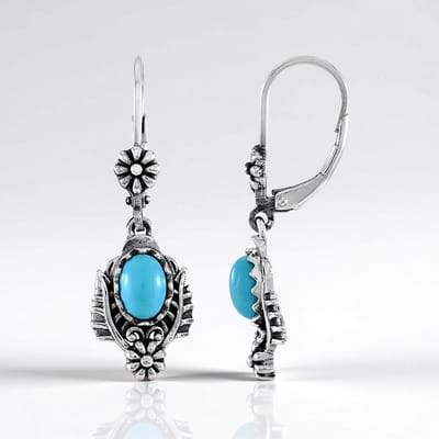 Cavill - 925 Sterling Zilver Oorbellen met Sleeping Beauty Turkoois 1,215 ct - Ovaal Cabochon Edelsteen - Vintage Bloemdesign - Licht & Stijlvol