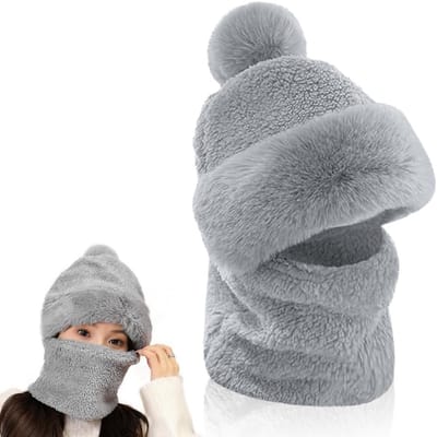 Warme 2-in-1 Flanellen Sjaal en Muts voor Dames, Winddichte Winteraccessoires met Oorbescherming en Cirkel Sjaal, Ideaal voor Koude Dagen, Grijs