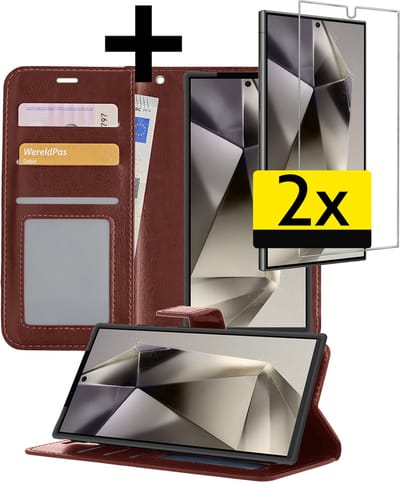Hoesje - Met 2x Screenprotector - Geschikt voor Samsung Galaxy S24 Ultra - Luxe Pasjeshouder - Bookcase Portemonee - Flip Case - Kunstleer Book Case - Flipcase Hoes - Book Cover - Walletcase - Portemonneehoes - Telefoonhoesjes - Bruin