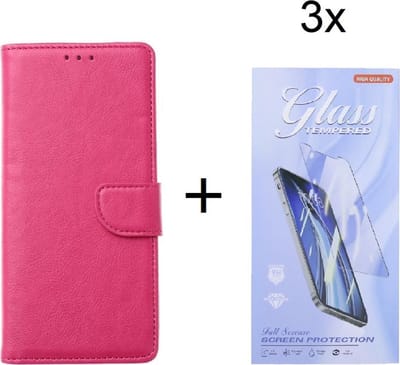 Bookcase Geschikt voor: Huawei P Smart 2021 - Roze - portemonnee hoesje met 3 stuk Glas Screen protector