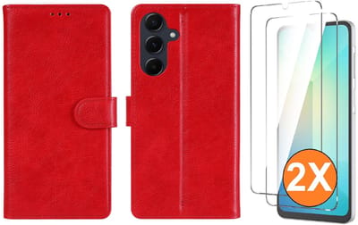 Hoesje geschikt voor Samsung Galaxy A07 hoesje Rood pasjeshouder telefoon hoes - Met screenprotector tempered glass voor Galaxy A07 4G / 5G - 2x