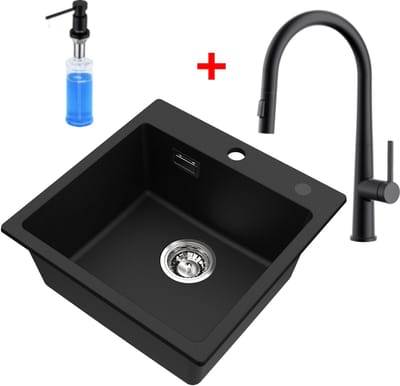 CECIPA Max Spoelbak Met Kraangat - Granieten Spoelbak Met C-uitloop Keukenkraan en Zeepdispenser 300ML - 45x45cm Graniet Spoelbak Onderbouw Spoelbak - 80% kwartszand en 20% hars - Antraciet