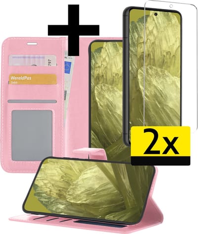 Hoesje - Met 2x Screenprotector - Geschikt voor Google Pixel 8a - Luxe Pasjeshouder - Bookcase Portemonee - Flip Case - Kunstleer Book Case - Flipcase Hoes - Book Cover - Walletcase - Portemonneehoes - Telefoonhoesjes - Lichtroze