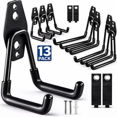 TOJ Gereedschapshaken Set 13-delig (11 Haken + 2 Lussen) – Bezemhouder / Tuingereedschap Ophangsysteem - Ophanghaken / Wandhaken – Wandmontage – Metaal – Mat Zwart
