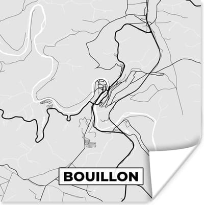 Poster Zwart Wit – België – Plattegrond – Stadskaart – Kaart – Bouillon - 100x100 cm XXL