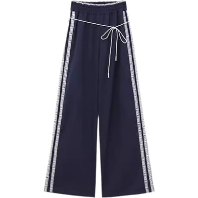 Koreaanse Stijl Gestreept Kant Wijde Pijpen Broek voor Dames In Herfst Nieuw Elastische Taille Harajuku Stijl Casual Broek Rechte Broek L gray
