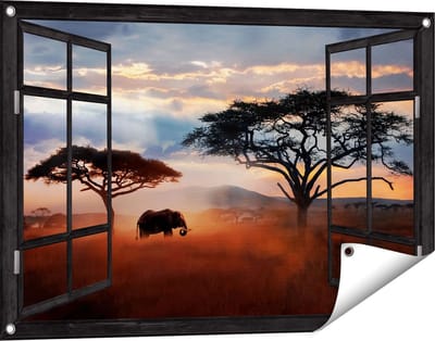 Gards Tuinposter Doorkijk Olifant in het Wild - Savanne - 90x60 cm - Tuindoek - Tuindecoratie - Wanddecoratie buiten - Tuinschilderij