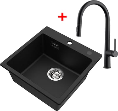 CECIPA Max Spoelbak Met Kraangat - Granieten Spoelbak Met C-uitloop Keukenkraan - 45x45cm Graniet Spoelbak Onderbouw Spoelbak - 80% kwartszand en 20% hars - Antraciet