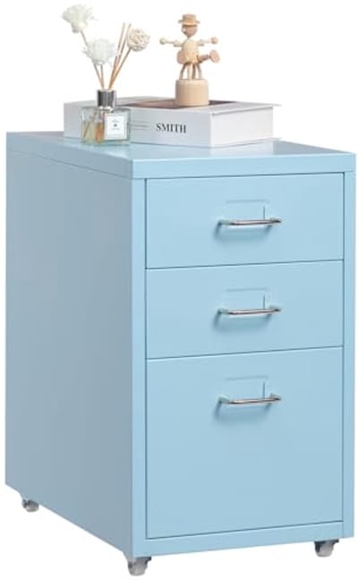 HollyHOME Mobiele archiefkast met 3 lades voor onder bureau, rollende archiveringsorganizer, metalen opbergkast met wielen voor thuis en op kantoor, lichtblauw