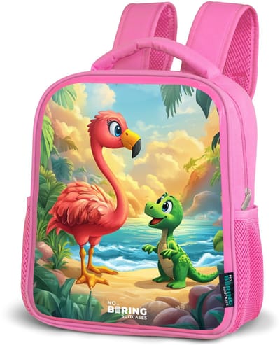 NoBoringSuitcases.com® - Rugzak roze - Schooltas meisjes - Flamingo en dinosaurus op strand bij ondergaande zon - Kinder rugtas meisje - Boekentas kind - Kinderrugzak voor school - Schoolrugzak