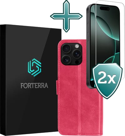 Hoesje Met 2x Screenprotector - Geschikt voor Apple iPhone 16 Pro - Luxe Pasjeshouder - Flip Case - Bookcase Portemonee - Kunstleer Book Case - Flipcase Hoes - Book Cover - Walletcase - Portemonneehoes - Donkerroze