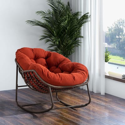Wishdor Rieten Schommelstoel - Handgeweven - Ergonomische Schommelfunctie - Tuinstijl - Buiten en Woonkamer - Stalen frame - Oranje - 78 x 106 x 90 cm