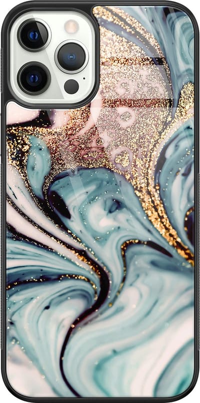 Hoesje geschikt voor iPhone 12 Pro - Marmer blauw goud - Luxe Glazen Hardcase - Marmer - Blauw - Leuke Telefoonhoesjes