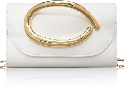 Elegante Vintage Leren Handtas met Gouden Handgreep, Ideaal voor Avondfeesten en Bruiloften, Wit, Klein Formaat