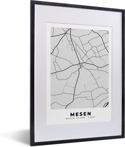 Fotolijst incl. Poster Zwart Wit- België – Mesen – Stadskaart – Kaart – Zwart Wit – Plattegrond - 30x40 cm - Posterlijst