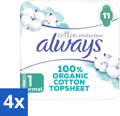 4 x Always – Maandverband – Bio Cotton Protection Ultra Normal met Vleugels – 11 stuks per verpakking - Maandverband - Bio Katoen - Menstruatiebescherming - Vleugels - Huidvriendelijk