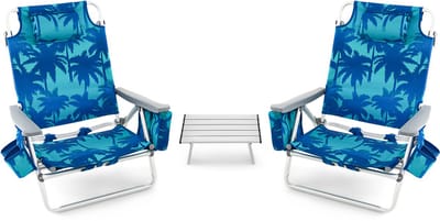 COSTWAY Strandstoelen en tafelset, inklapbare campingstoelen met verstelbare rugleuning, hoofdsteun, zijzakken, ijszakken, schouderbanden en armleuningen, lichte klapstoelen