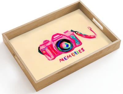 Dienblad hout 40x30 cm - Schootdienblad - Camera - Memories - Roze - Geschilderd - Borrelplank rechthoek - Plateau dienbladen