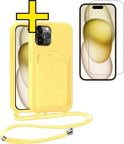 Hoesje Geschikt voor iPhone 14 Pro Telefoonhoesje Met Koord Case Pashouder Met Screenprotector Siliconen - Hoes Geschikt voor iPhone 14 Pro Hoesje Met Kaarthouder - Geel