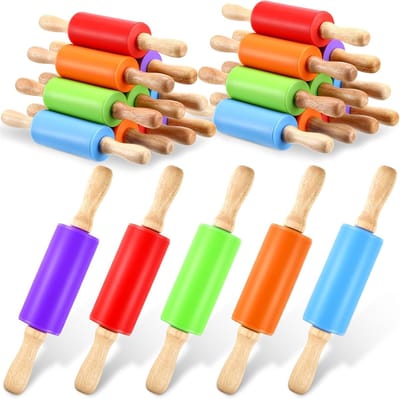 10 Stuks Mini Deegrollers voor Kinderen - 23 cm - Siliconen & Houten Bakkersgereedschap