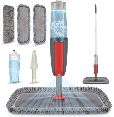 Dailygoody - Microvezel dweilspray - Vloerdweil met spray - Rood - Geschikt voor harde vloeren - 3 wasbare pads - 410 ml