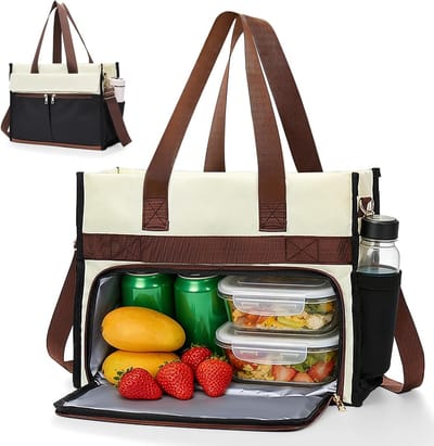 Geïsoleerde 2-in-1 dameshandtas met koelvak en computertas, waterdichte lunchtas voor werk, kantoor en reizen, geschikt voor 15,6 inch laptops en boodschappen