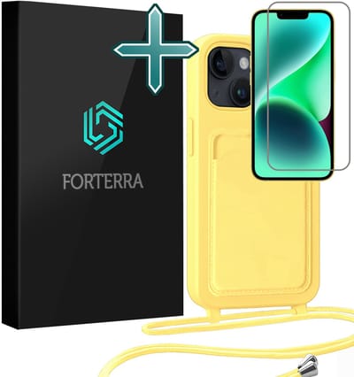 Hoesje Geschikt voor iPhone 13 Pashouder Case Siliconen Hoes Met Koord Met Screenprotector - Hoes Geschikt voor iPhone 13 Met Telefoonkoord Hoesje Back Cover Met Pasjeshouder - Geel