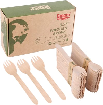 Houten Sporks - Lepel Vork Combinatie - Feestjes en Picknicks - Biologisch Afbreekbaar Materiaal - 16 cm Lengte - Natuurlijk Hout